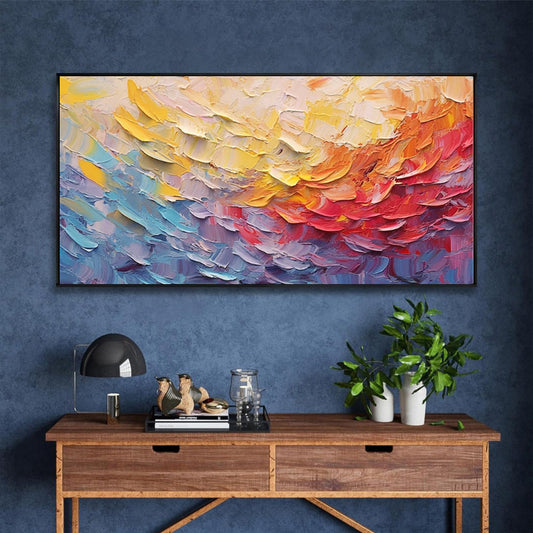 Hand Drawn Blue Red Yellow Knife Thick Flowers Oil Painting On Canvas New Special Design Colorful Blocks Artwork For Wall Decor